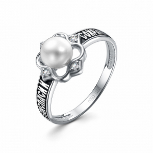 Кольцо (Спаси и Сохрани) из серебра ч/ч литьё с иск. жемчугом