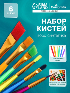 Кисти для рисования, синтетика, 6 штук, «Радуга», круглые, плоские