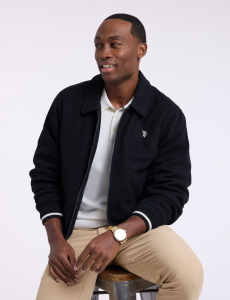 FAUX WOOL POINT COLLAR ZIP UP VARISTY JACKET