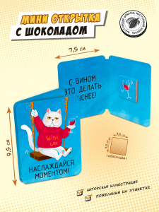 Мини открытка, КОТ С ВИНОМ, молочный шоколад, 5 г, TM Chokocat