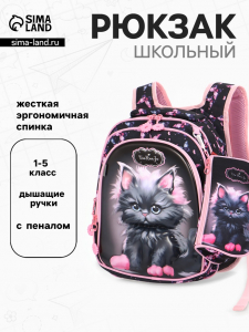 Рюкзак школьный «Кошка», для девочки, эргономичная спинка, с пеналом, 29?14?38 см, разноцветный