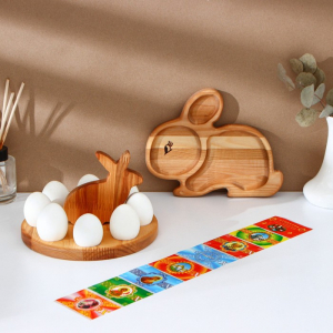 Пасхальный набор Adelica, менажница заяц, подставка для яиц 8 ячеек, d=20?1.8 см, термонаклейки 7 шт., дерево берёза