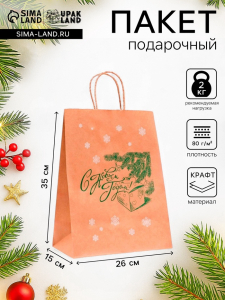 Пакет бумажный подарочный новогодний крафт, «Новый год и подарок!», зеленый 26?15?35 см