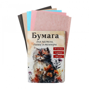 Бумага для акварели,пастели,гуаши,темперы А4, 20 листов, блок 200 г/м2, 5 цветов, в папке