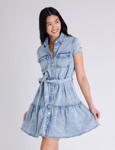 SHORT SLEEVE BELTED PEPLUM DENIM DRESS