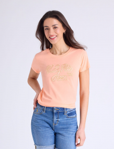 SATEEN LUREX SCRIPT SEMI SCOOP T-SHIRT