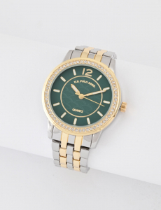 LADIES SILVER AND GOLD LINK WATCH WITH GREEN FACE