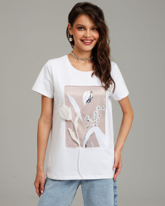 Футболка с объёмными цветами и бусинами FSC002