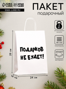 Пакет бумажный подарочный новогодний крафт с приколами, «Подарков не будет!», белый, 28?24?14 см