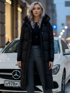 Пальто утепленное стеганное зимнее с капюшоном женское черного цвета 9615Ch