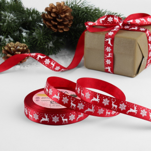 Лента атласная «Олени», 15 мм, 23±1 м, красная