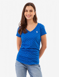 DOT PRINT RUCHED SIDE V-NECK T-SHIRT