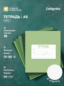 Тетрадь 18 листов в клетку Calligrata «Однотонная Новая Школьная. Эконом», обложка мелованная бумага, ВД-лак, блок №2 (серые листы), МИКС
