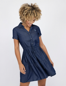 Y PLACKET TIERED DENIM DRESS