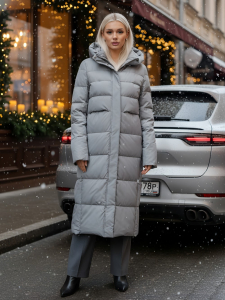 Пальто утепленное стеганное зимнее с капюшоном женское серого цвета 9620Sr