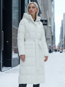 Пальто утепленное стеганное зимнее с капюшоном женское бежевого цвета 9609B