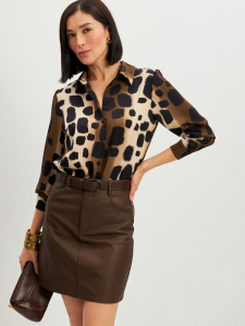 Блузка из атласной ткани OD-887-5 леопард коричневый с хаки