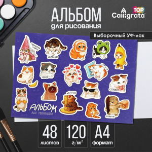 Альбом для рисования Calligrata Stickers А4, 48 листов на склейке, обложка мелованный картон, выборочный УФ-лак, блок офсет 120 г/м?
