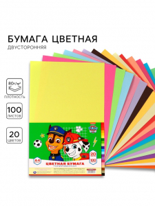 Бумага цветная тонированная, А4, 100 листов, 20 цветов, немелованная, двусторонняя, в пакете, 80 г/м?, Щенячий патруль
