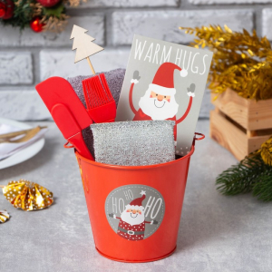 Набор новогодний подарочный кухонный «Ho-Ho-Ho» : полотенце 30?60, лопатка, кисть, губка