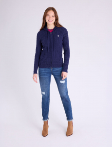 SOFT CABLE ZIP UP SWEATER WITH HOOD