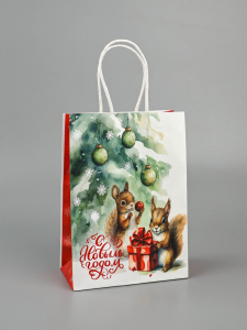Пакет бумажный подарочный новогодний крафт «Белки» 15?21?8 см