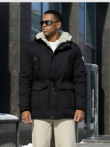 Парка мужская зимняя удлиненная с мехом черного цвета 2606Ch