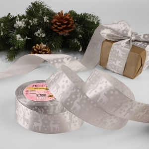 Лента атласная «Олени», 40 мм, 23±1 м, серебряная