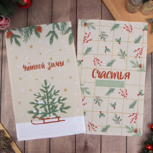 Набор новогодних полотенец Доляна «Зимние праздники» 28?46 см - 2 штуки, 100% хлопок, вафля 160 г/м?