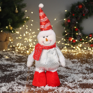 Игрушка мягкая «Снеговик в блестящем костюме» 36?17 см, красно-белый