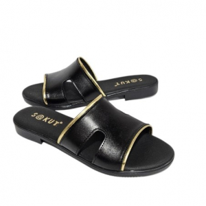 Sandalia Plana Mujer Piel Negro Oro