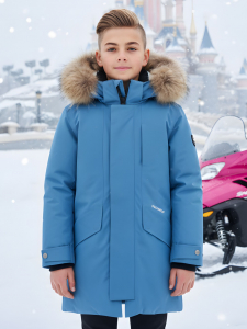 Парка зимняя подростковая для мальчика с капюшоном и мехом синего цвета 9535S