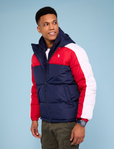 TRI COLOR BLOCK HOODED PUFFER JACKET