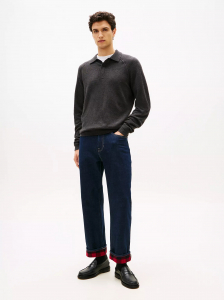 Plaid-Lined Straight Loose Jean