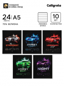 Тетрадь 10 штук, 24 листа в линейку «Гоночные авто», серые листы, блок №2, 5 видов