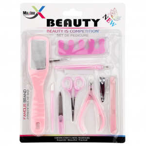 Педикюрный набор 14 предметов: кусачки-книпсер; пилка металлическая; терка для ног; пилка двусторонняя наждачная - 5 штук; триммер; пушер-лопатка для кутикулы; ножницы; кусачки-щипчики; пинцет; разделитель для пальцев, цвета в ассортименте: розовый,