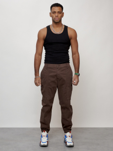 Джинсы карго мужские с накладными карманами коричневого цвета 2419K