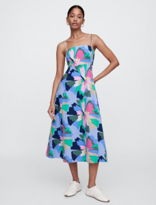 Poplin Print Squareneck Midi Dress