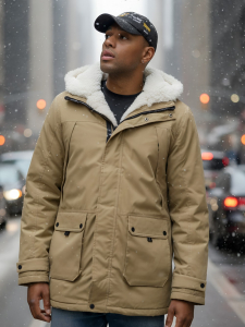 Парка мужская зимняя удлиненная с мехом горчичного цвета 8753G