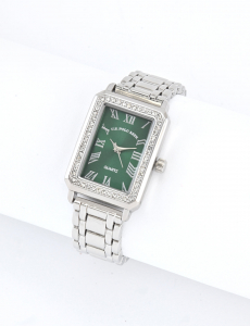 LADIES SQUARE SILVER LINK WATCH WITH GREEN FACE