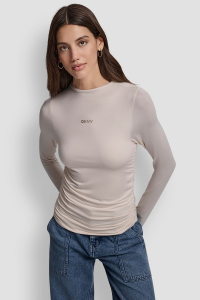 SIDE RUCHED HIGH NECK LONG SLEEVE TOP WITH RHINESTONE
