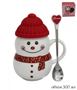 105-185 Кружка с силик. крышкой и ложкой СНЕГОВИК в под.уп.(х36)Фарфор