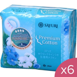 Комплект: 131042 Sayuri Premium Cotton Гигиенические прокладки с крылышками, супер, 24 см, 9 шт. х 6 упак.