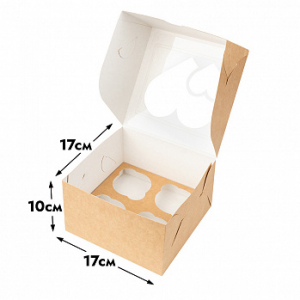 Коробка для 4 капкейков, Крафт с окном 