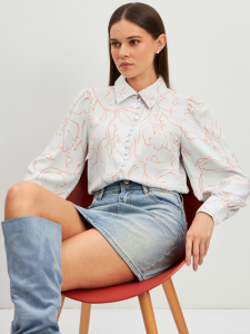 Блузка с принтом OD-639-26 голубая оранжевый цветок