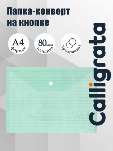 Папка-конверт на кнопке, А4, 80 мкм, «Клетка», тонированная, зелёная