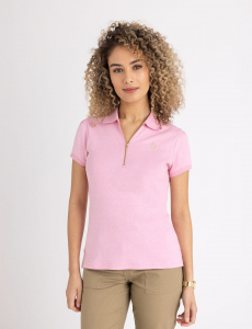 HALF ZIP PUFF SLEEVE HEATHER POLO SHIRT