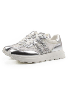 03-A143-3A GREY/SILVER Кроссовки летние женские (натуральная кожа, текстиль)