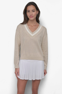STRIPED SPORT MESH POINTELLE SWEATER
