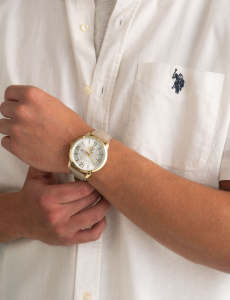 MENS TAN STRAP ANALOG WATCH WITH GOLD ACCENT